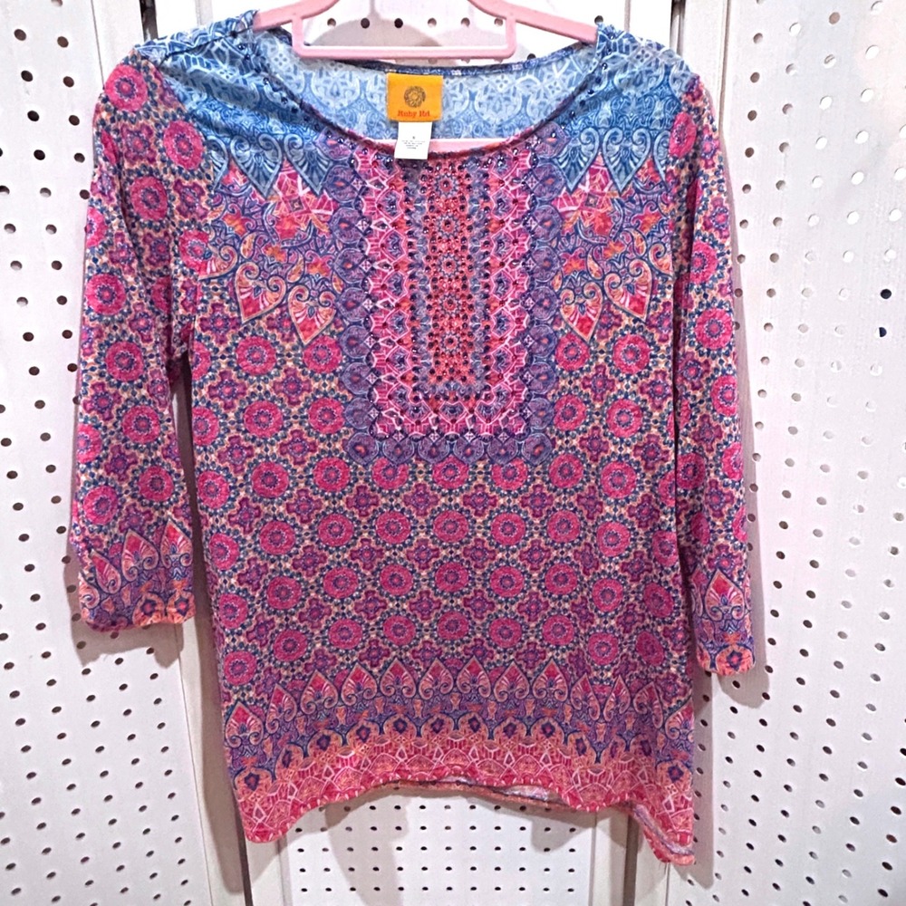 Ruby Rd Tunic Women Petite S Pink Excellent Medallion Print Beaded 3/4 Sleeve